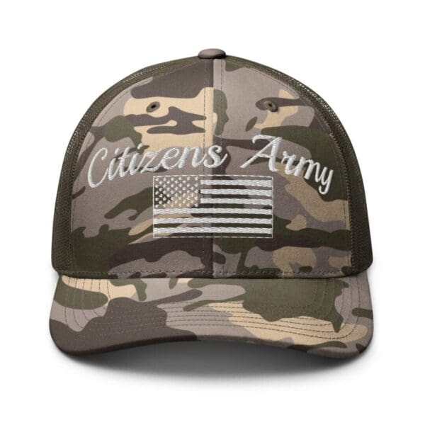 Camouflage 1247 Snap Back Trucker Hat w/Citizens Army & Flag (White Font)