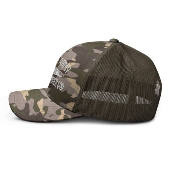 A Camouflage 1247 Snap Back Trucker Hat (White Logo) with a white logo on it.