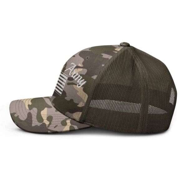 A Camouflage 1247 Snap Back Trucker Hat with Citizens Army & Flag (White Font) with an american flag on it.