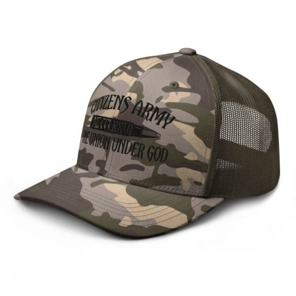 A Camouflage 1247 Snap Back Trucker Hat (Black Logo) that says women's army.