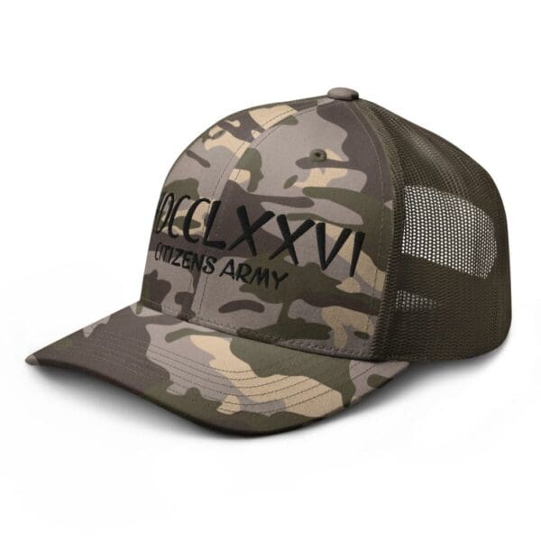 A Camouflage 1247 Snap Back Trucker Hat w/MDCCLXXVI (Black Font) with the word xlviii on it.