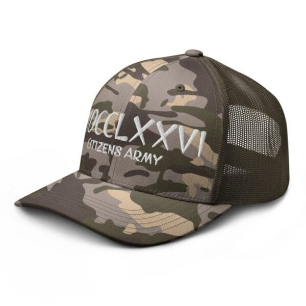 A Camouflage 1247 Snap Back Trucker Hat w/MDCCLXXVI (White Font) with the word 'warriors army' on it.
