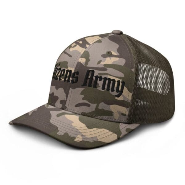 A Camouflage 1247 Snap Back Trucker Hat w/Citizens Army (Black Font) with the word 'free army' on it.