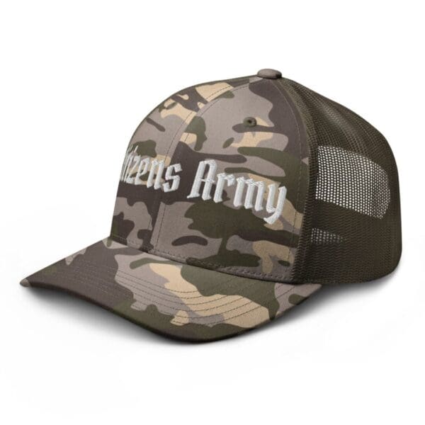 A Camouflage 1247 Snap Back Trucker Hat w/Citizens Army (White Font) with the word 'kings army' on it.