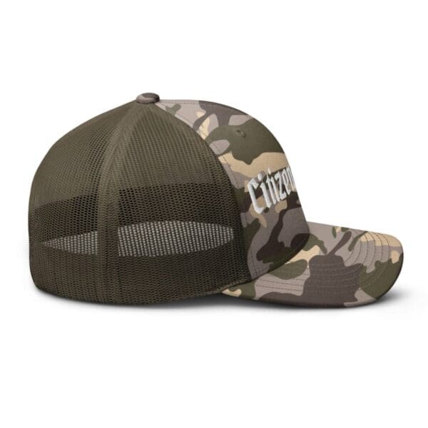 A Camouflage 1247 Snap Back Trucker Hat with Citizens Army (White Font)