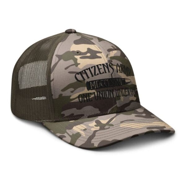 A Camouflage 1247 Snap Back Trucker Hat (Black Logo) with the words citizen's army on it.