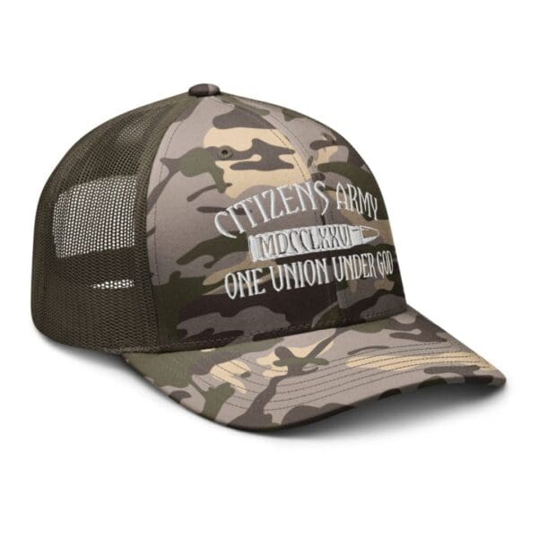 A Camouflage 1247 Snap Back Trucker Hat (White Logo) with the words citizen's spot on it.