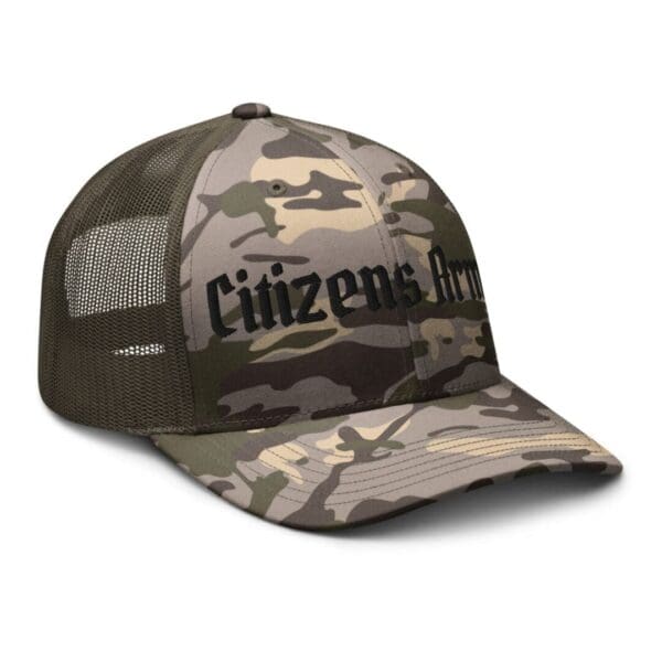Citizens army camouflage 1247 snap back trucker hat with black font.