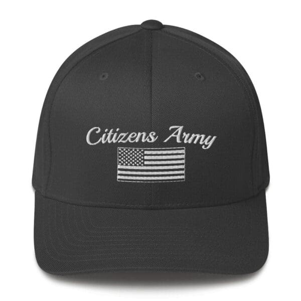 A black 6277 Flexfit Cap Citizens Army w/ Flag (White Font) with the words citizens army on it.