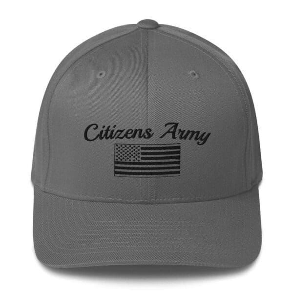 A gray 6277 Flexfit Cap Citizens Army w/ Flag (Black Font) with the words citizen's army on it.