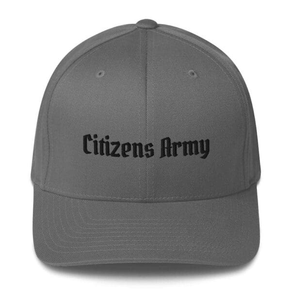 A gray 6277 Flexfit Cap w/Citizens Army (Black Font) with the words citizens army on it.