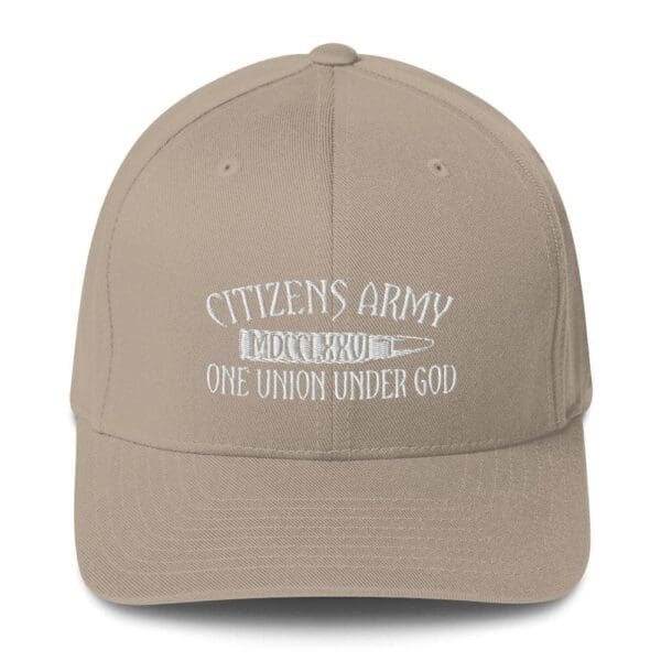 A 6277 Flexfit Cap w/ White Logo hat with the words citizen's army one under god.