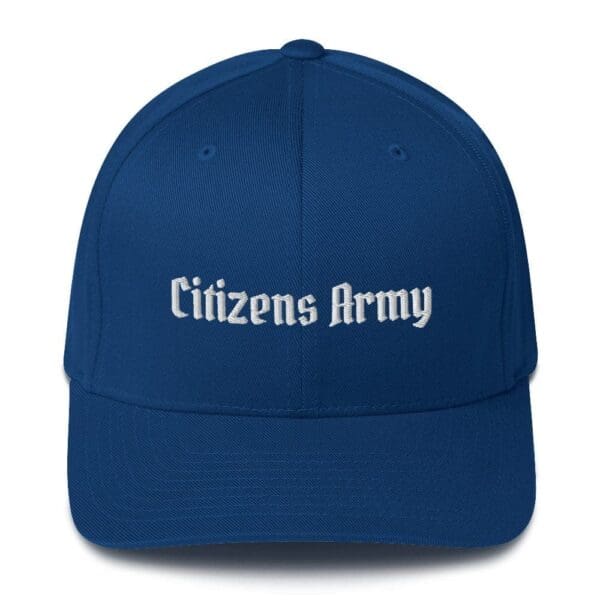 A blue 6277 Flexfit Cap w/Citizens Army (White Font) with the word citizens army on it.