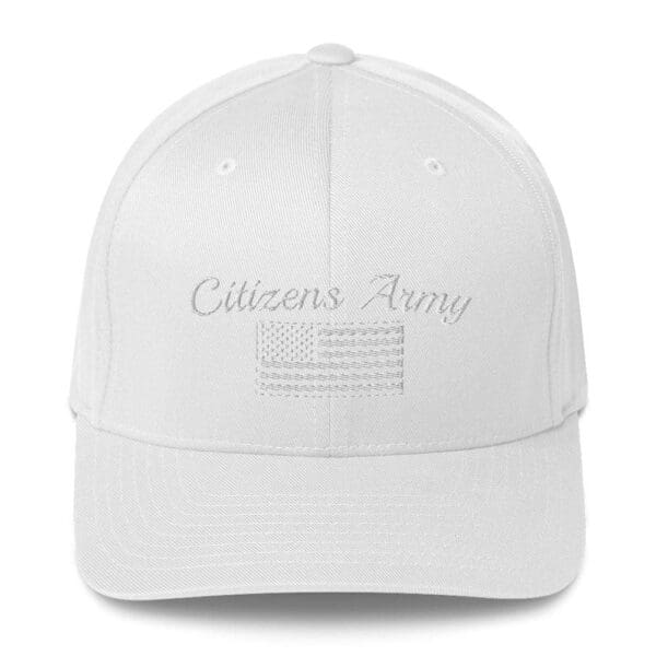 A 6277 Flexfit Cap Citizens Army w/ Flag (White Font) with the words citizen's army on it.