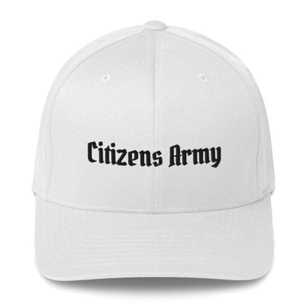 A white 6277 Flexfit Cap w/Citizens Army (Black Font) with the words citizens army on it.