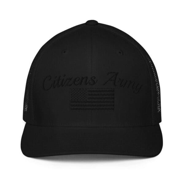 6511 Flexfit Trucker Cap Citizens Army w/ Flag (Black Font) black trucker hat.