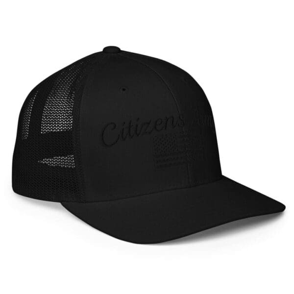 A 6511 Flexfit Trucker Cap Citizens Army w/ Flag (Black Font) with the word citizens on it.