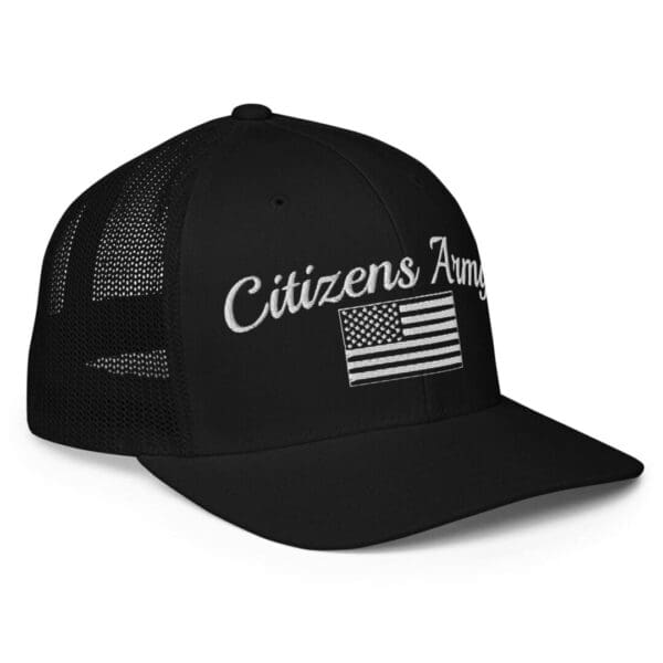 A black 6511 Flexfit Trucker Cap Citizens Army w/ Flag (White Font) with the words citizens angels on it.