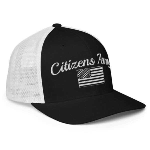 A black and white 6511 Flexfit Trucker Cap Citizens Army w/ Flag (White Font) with the words citizens angels on it.