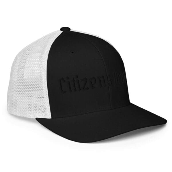 A black and white 6511 Flexfit Trucker Cap w/Citizens Army (Black Font) with the word citizenship on it.