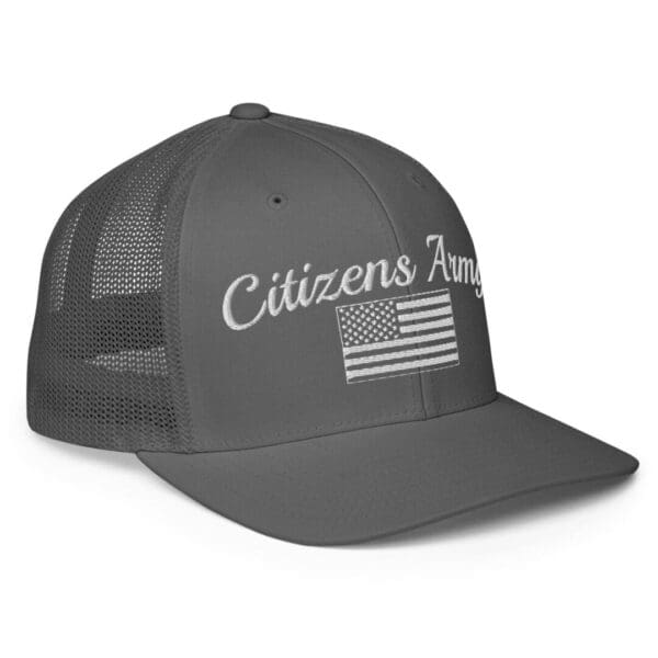 A gray 6511 Flexfit Trucker Cap Citizens Army w/ Flag (White Font) hat with the words citizens angels on it.