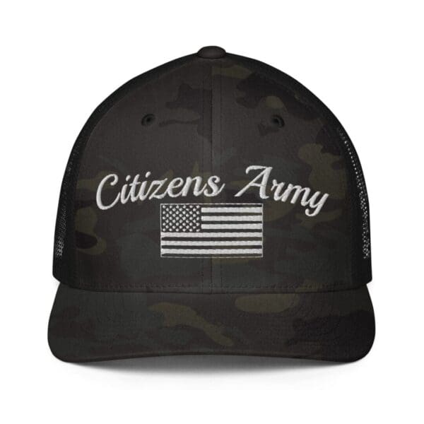 6511 Flexfit Trucker Cap Citizens Army w/ Flag (White Font) camo trucker hat.