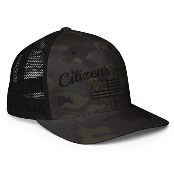 A 6511 Flexfit Trucker Cap Citizens Army w/ Flag (Black Font) with the word citizen's hat on it.
