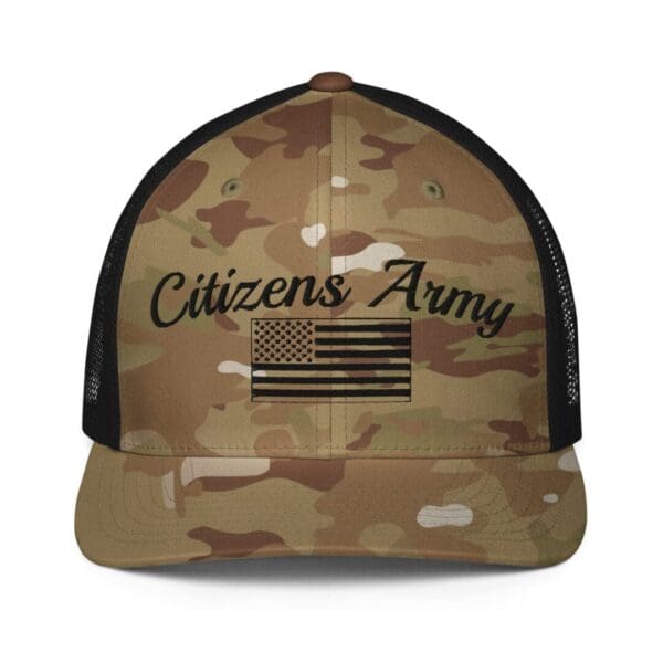 6511 Flexfit Trucker Cap Citizens Army w/ Flag (Black Font) camo trucker hat.