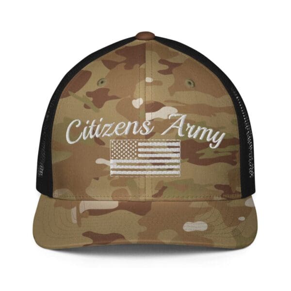 6511 Flexfit Trucker Cap Citizens Army w/ Flag (White Font) camo trucker hat.