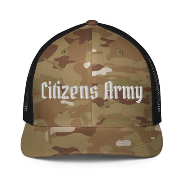 A 6511 Flexfit Trucker Cap w/Citizens Army (White Font) with camouflage pattern.