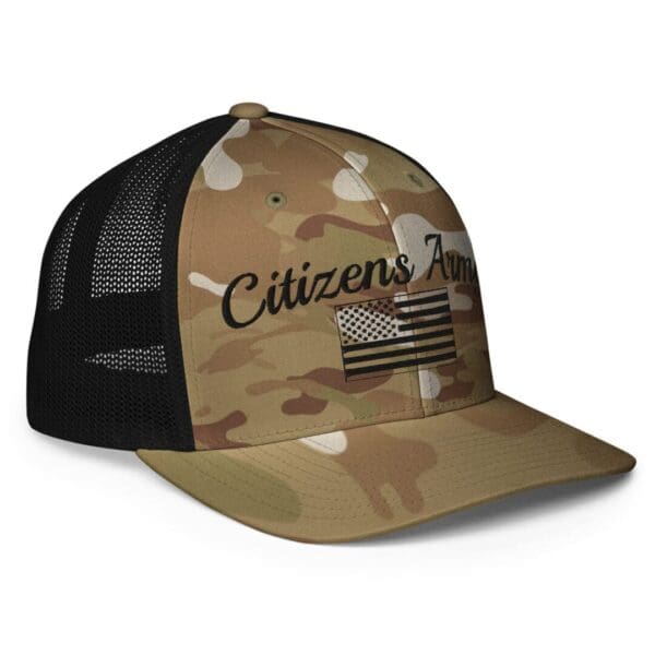 A 6511 Flexfit Trucker Cap Citizens Army w/ Flag (Black Font) with the words citizen's run on it.