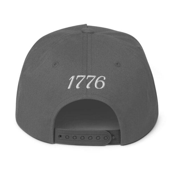 A gray Flat Bill 6007 Snap Back Cap Citizens Army w/ Flag (White Font) with the word 1776 on it.