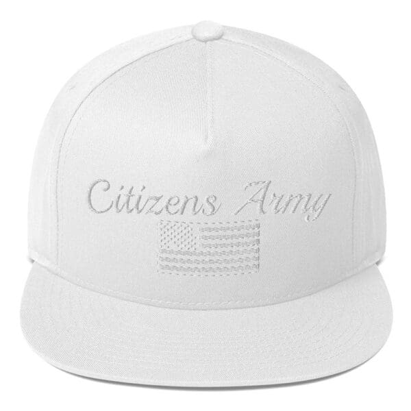 A Flat Bill 6007 Snap Back Cap Citizens Army w/ Flag (White Font) with a flag on it.