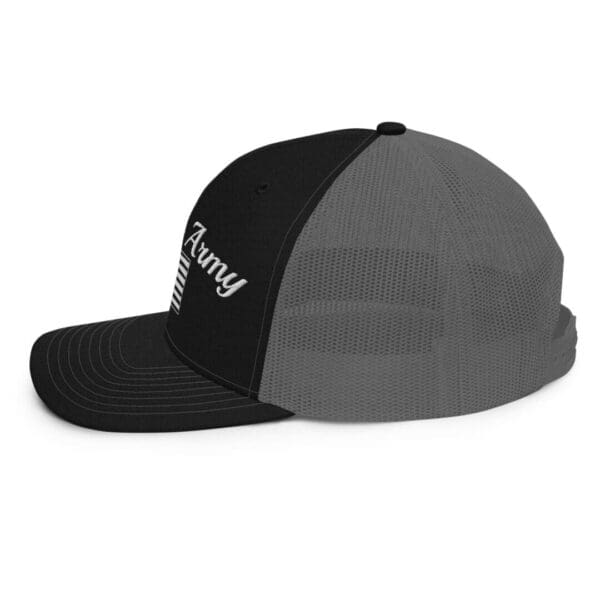A black and gray 112 Snap Back Trucker Cap Citizens Army w/ Flag (White Font) with the word 'american' on it.