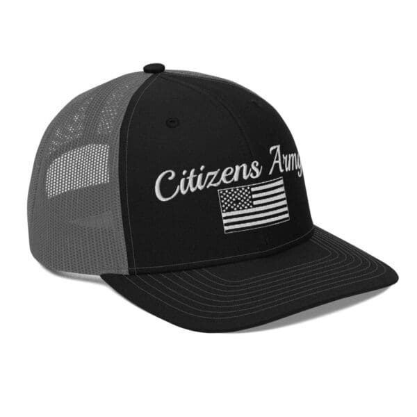 A 112 Snap Back Trucker Cap Citizens Army w/ Flag (White Font) with an american flag on it.