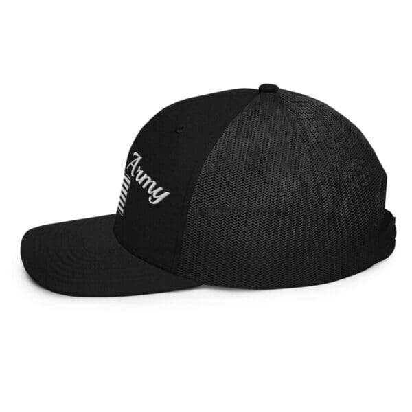 A black 112 Snap Back Trucker Cap Citizens Army w/ Flag (White Font) with a mesh back.
