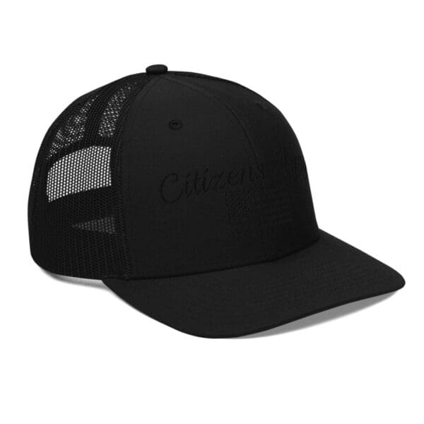 A 112 Snap Back Trucker Cap Citizens Army w/ Flag (Black Font) with the word citizen on it.