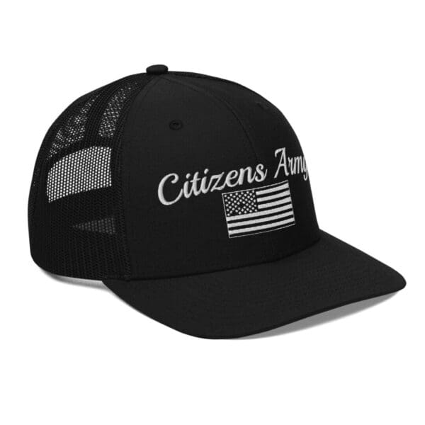 A black 112 Snap Back Trucker Cap Citizens Army w/ Flag (White Font) with the words citizens army on it.