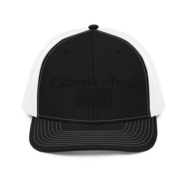 A 112 Snap Back Trucker Cap Citizens Army w/ Flag (Black Font) hat.