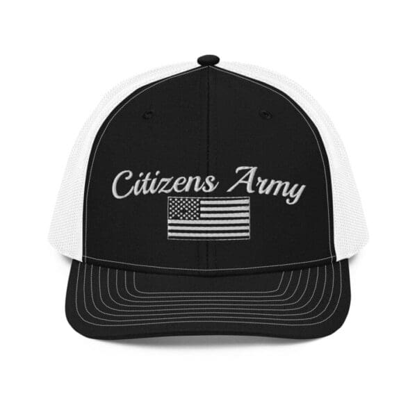A 112 Snap Back Trucker Cap Citizens Army w/ Flag (White Font) hat.