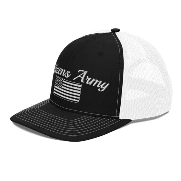 A 112 Snap Back Trucker Cap Citizens Army w/ Flag (White Font) with an american flag on it.
