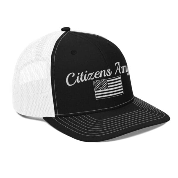 A black and white 112 Snap Back Trucker Cap Citizens Army w/ Flag (White Font) with a flag on it.