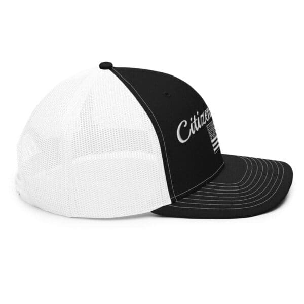 A black and white 112 Snap Back Trucker Cap Citizens Army w/ Flag (White Font) hat with the word california on it.