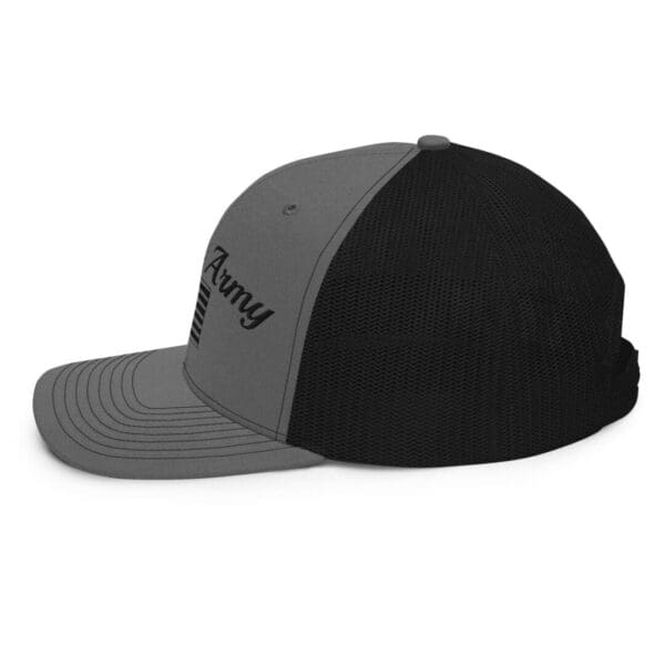 A gray and black 112 Snap Back Trucker Cap Citizens Army w/ Flag hat with the word nyc on it.