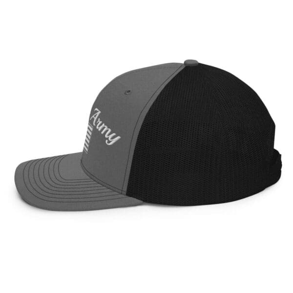 A gray and black 112 Snap Back Trucker Cap Citizens Army w/ Flag (White Font) with the word 'american' on it.