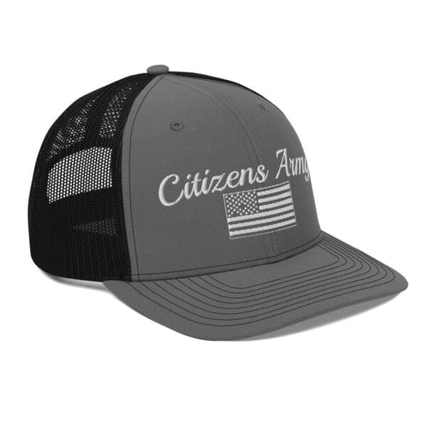 A 112 Snap Back Trucker Cap Citizens Army w/ Flag (White Font) with a flag on it.