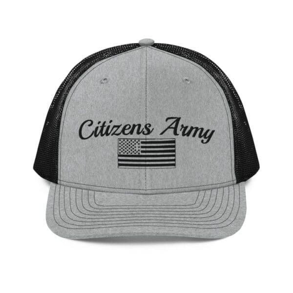 A 112 Snap Back Trucker Cap Citizens Army w/ Flag (Black Font) hat with black and white text.