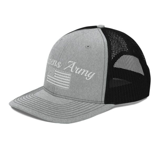 A 112 Snap Back Trucker Cap Citizens Army w/ Flag (White Font) with the word army on it.