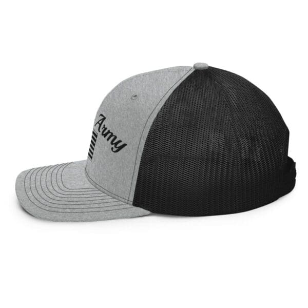 A grey and black 112 Snap Back Trucker Cap Citizens Army w/ Flag (Black Font) with an american flag on it.