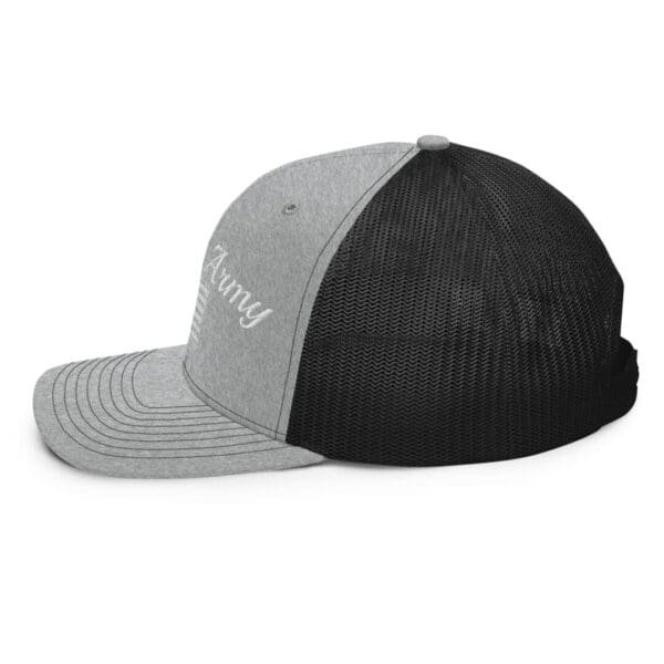 A grey and black 112 Snap Back Trucker Cap Citizens Army w/ Flag (White Font).